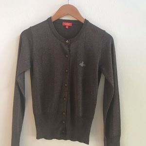 Vivienne Westwood, brown and blue metallic cardigan with logo